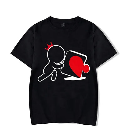 CartoongirlboyheartshapedpuzzleprintcoupleTshirt shortsleeved loose king queenTshirt fashionable trendcouplehirt women's T-shirt