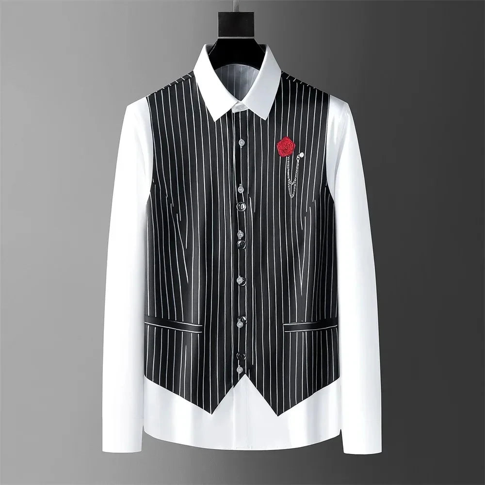 Men's shirt fake two-piece British style shirt slim fit business casual long-sleeved shirt social gathering uniform fashion 2024
