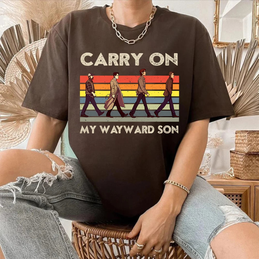 Supernatural Carry on My Wayward Son Vintage T-Shirt Sam and Dean Winchester Brothrs Shirt Trendy Abbey Road Winchester 2025 Top